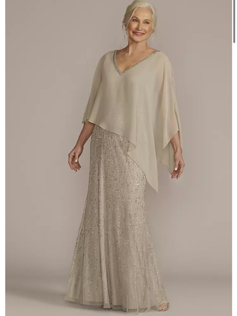 Oleg Cassini Silver Beaded Cape Dress Size 6 Formal Evening Gown NWT